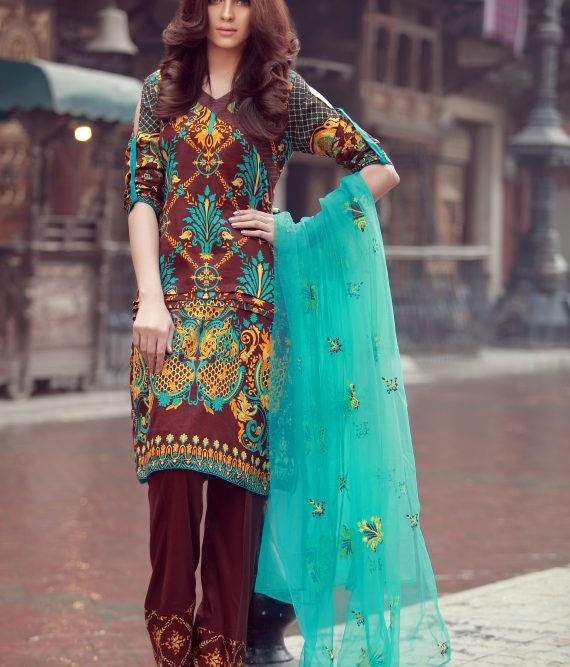 brown and ferozi embroidered suit with net dupatta