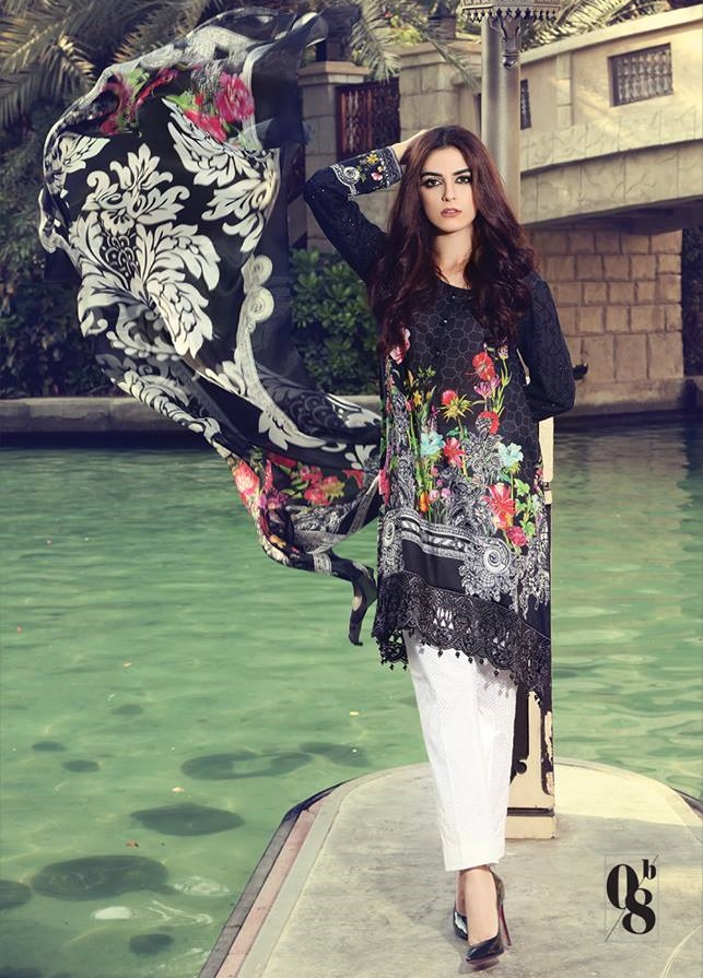 Black digital printed lawn dress with embroidered sleeve lace by Maria.B