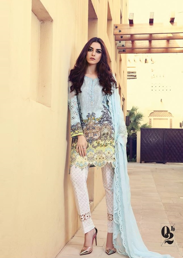 Digital printed lawn suit with schiffli embroidered chiffon sleeves and dupatta