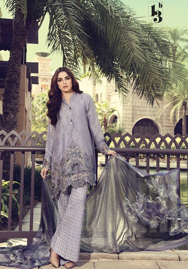 Maria.B grey embroidered lawn suit with swarovski buttons