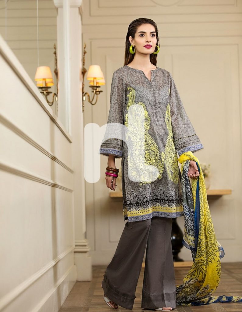 grey lawn suit with yellow print